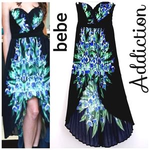 Nwot bebe Addiction Sweetheart Strapless High/low Pleated Black Floral D…